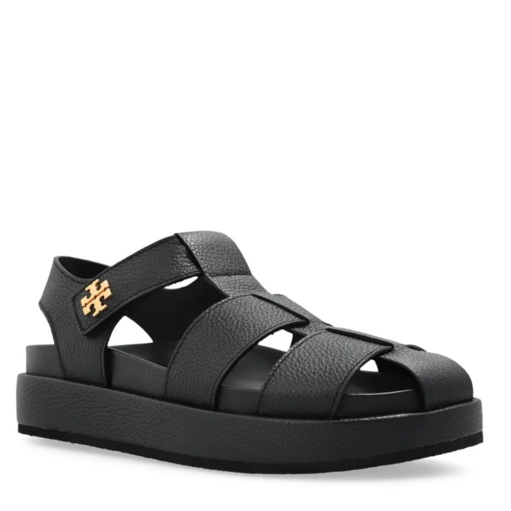 Tory Burch Black Fisherman Leather Sandals With Gold Logo